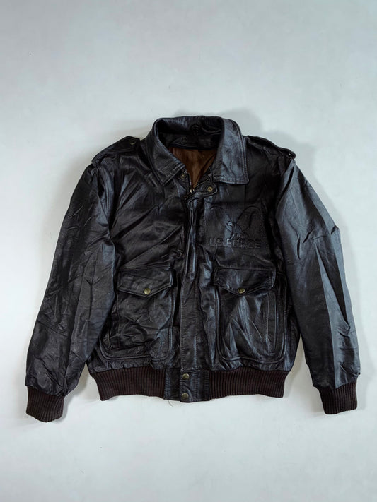 Vintage Brown Leather Flight Bomber Jacket – Embossed U.S. Force Eagle, Brass Snap Buttons (XL)