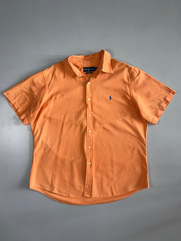 Ralph Lauren Short Sleeve Button-Up Shirt Blue Pony Logo Custom Fit Peach Orange (XL/2XL)