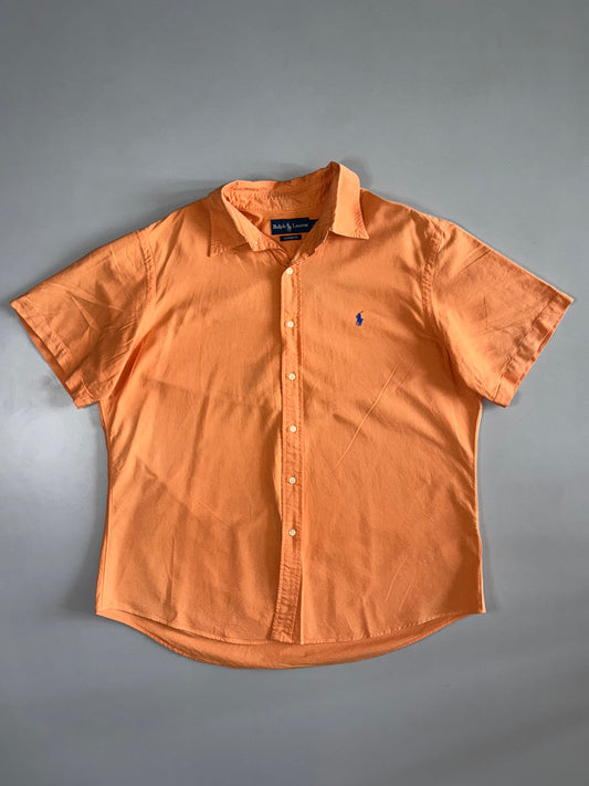 Ralph Lauren Short Sleeve Button-Up Shirt Blue Pony Logo Custom Fit Peach Orange (XL/2XL)
