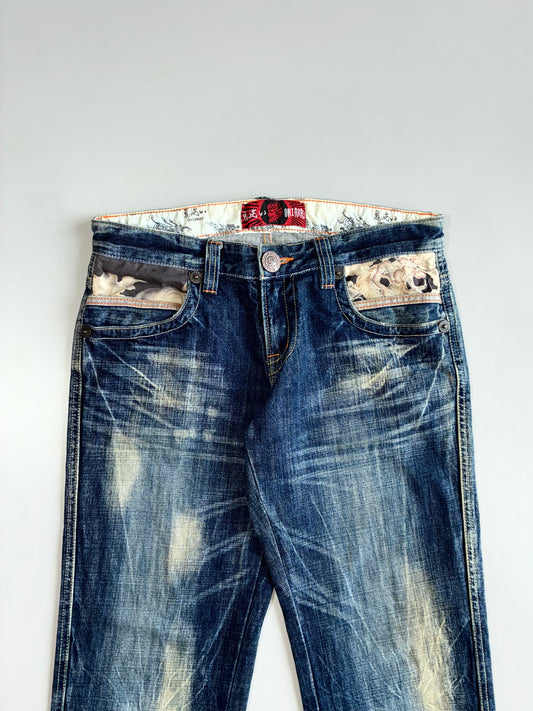 Vintage Oniarai Japanese Tattoo Art Denim Jeans (W:32 |L:41)