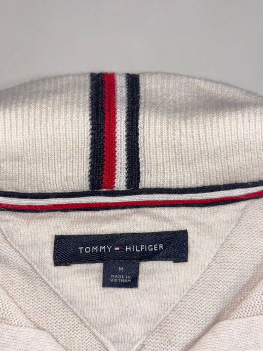 Tommy Hilfiger Cream Quarter-Zip Knit Sweater – Signature Stripe Collar (M/L)