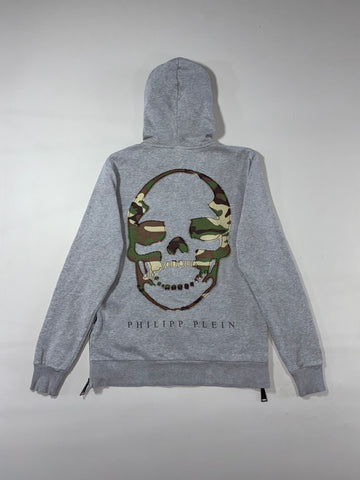 Philipp Plein Homme Grey Zip-Up Hoodie with Camo-Lined Hood & Studded Patch (L)