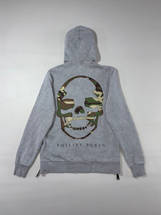 Philipp Plein Homme Grey Zip-Up Hoodie with Camo-Lined Hood & Studded Patch (L)