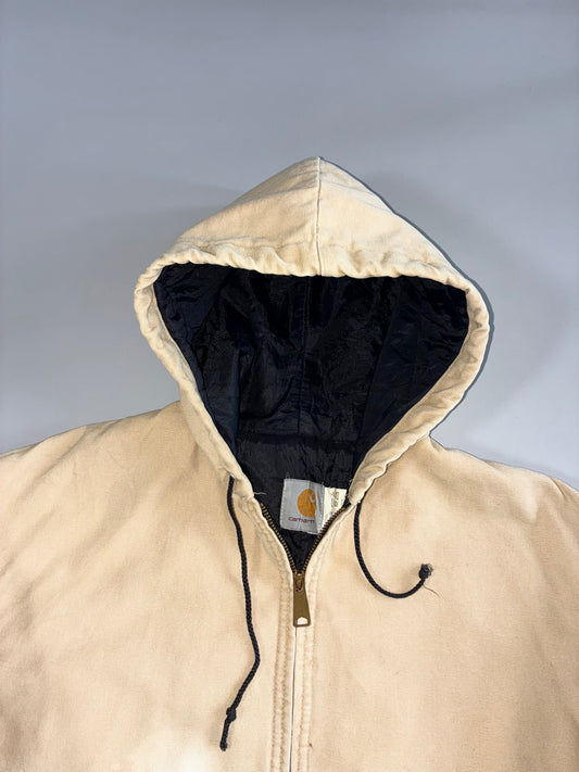 Vintage Carhartt JQ295 Active Hooded Duck Canvas Jacket Faded Sandy Natural Quilted Lined Made in USA (L)