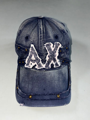 Valentino Rudy Italy Distressed Washed Denim Studded AX Patch Cap (Adjustable)