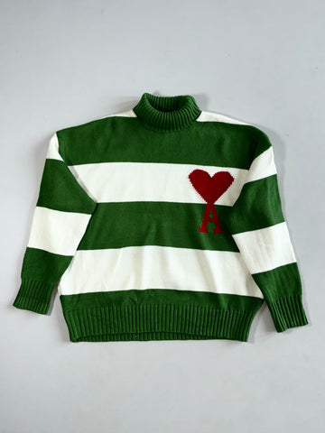 Ami Paris Green & White Striped Ami de Coeur Turtleneck Sweater (3XL/4XL)