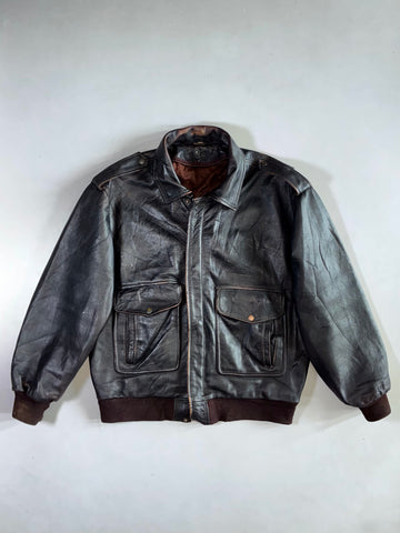 Vintage Brown Leather Bomber Jacket (Xl)