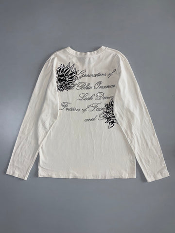 Oniarai Original  Rhinestone Floral & Dragon Graphic Long Sleeve Tee – White (M)