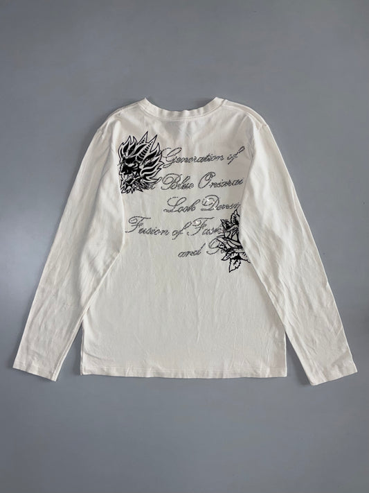 Oniarai Original  Rhinestone Floral & Dragon Graphic Long Sleeve Tee – White (M)