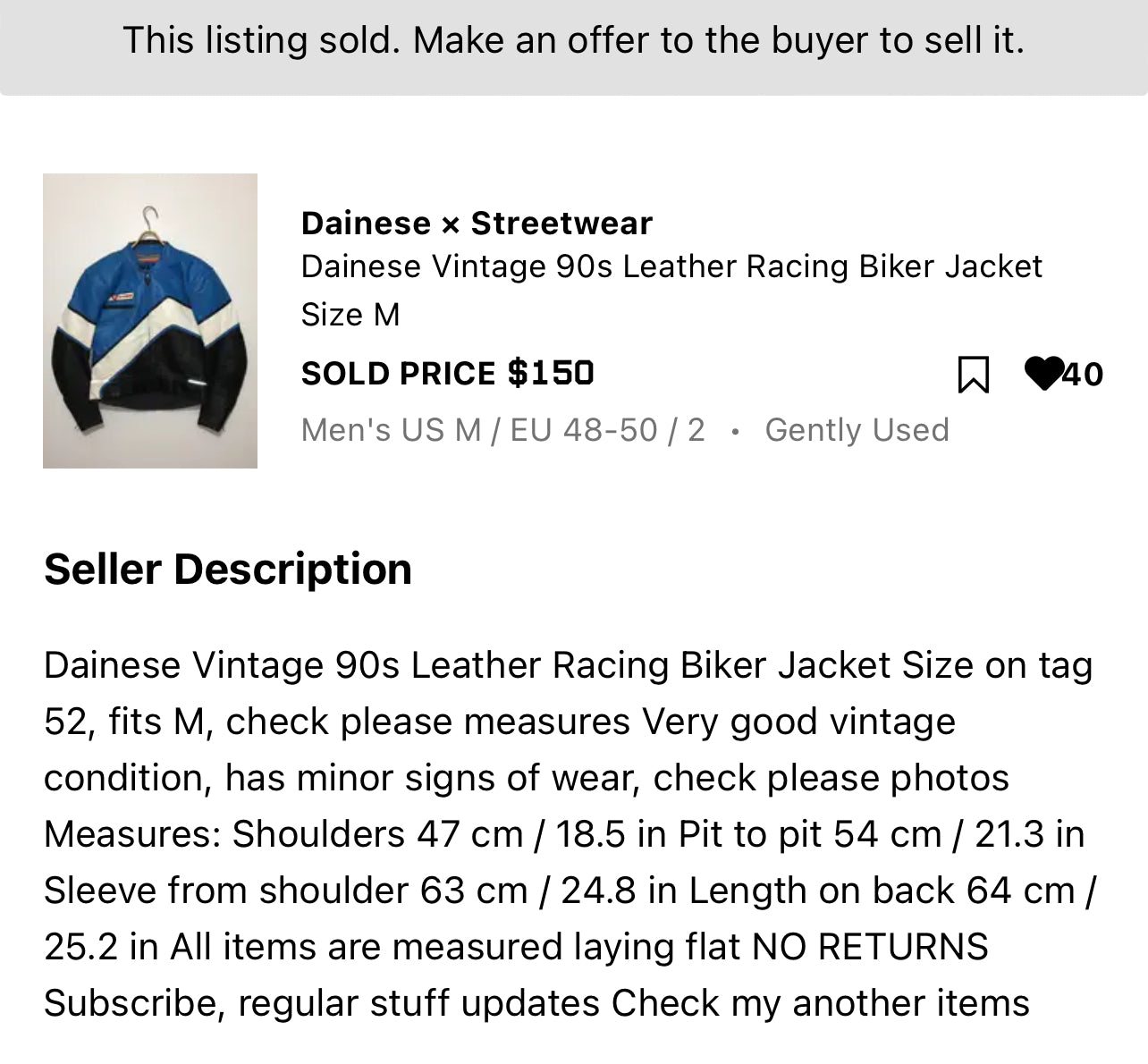 !            90s Dainese Original Leather Racing Jacket (RARE FIND) (S/M)
