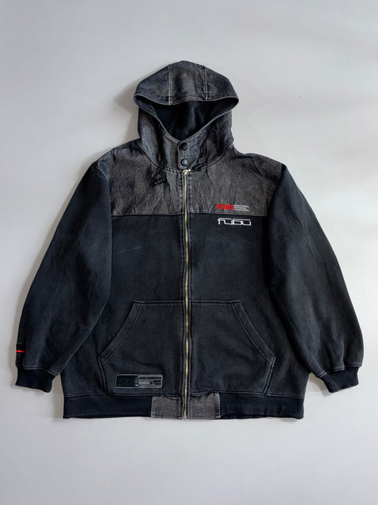 Vintage FUBU Jeans Black Denim Hoodie Jacket – Colorblock Zip-Up (XL)