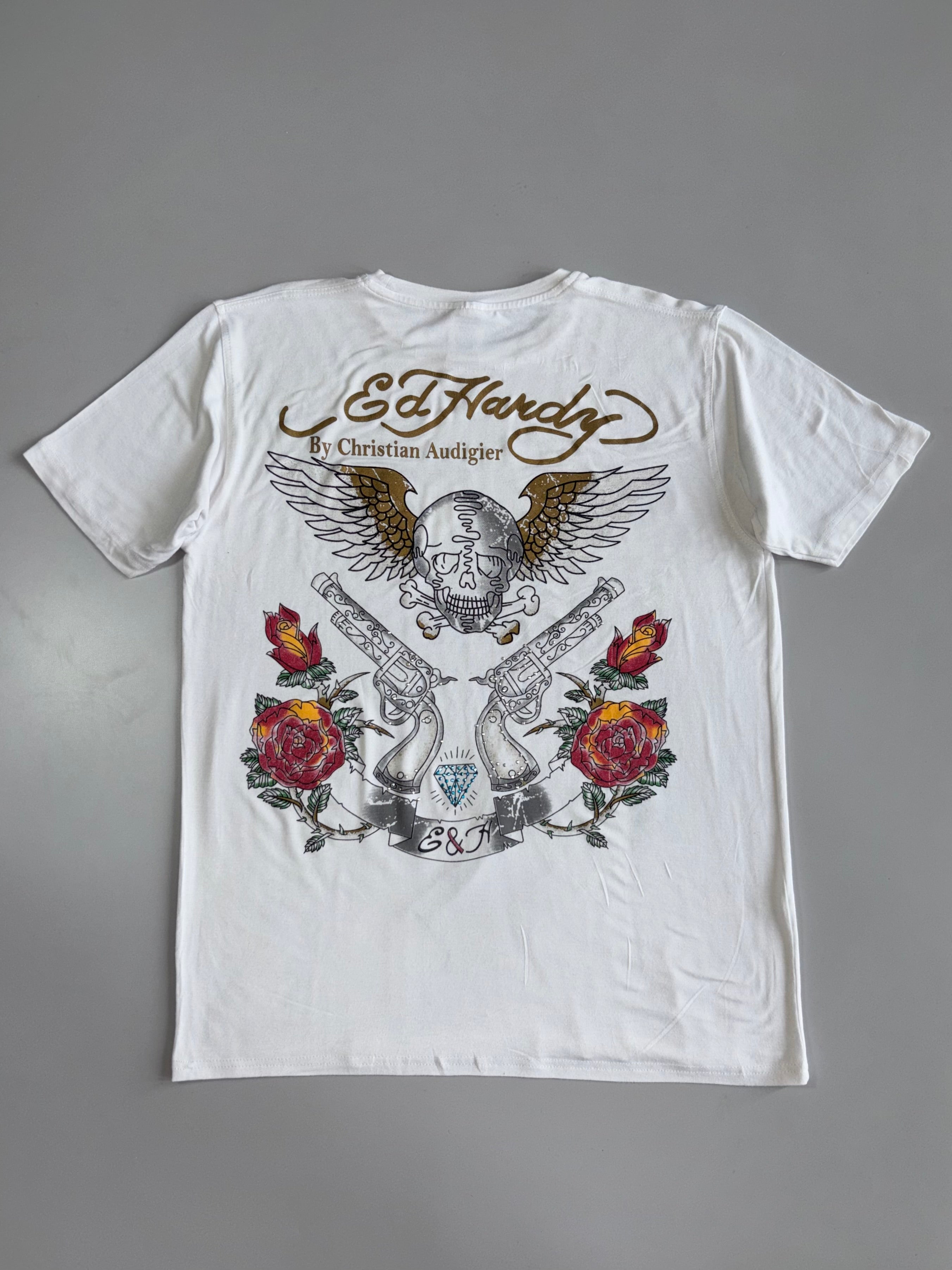 Ed Hardy by Christian Audigier White Tee Gold Script Logo, Winged