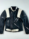 Vintage 80s Hein Gericke Navy & Cream Leather Motorcycle Jacket with Belt (S)