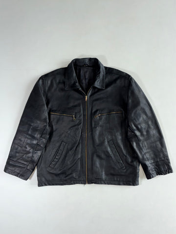 Vintage Black Leather Zip Jacket with Chest Zip Pockets, Made in India (2XL)