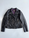 Arrival Black Leather Biker Jacket | Purple Lining Moto Style Womens (XS)