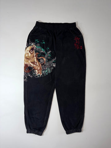 Vintage Japanese Embroidered Lion & Sakura Black Joggers (W:30) (L:42)