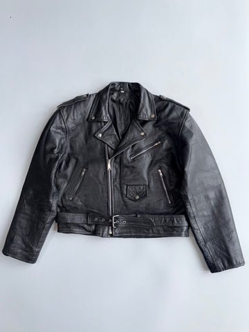 Vintage Black Pure Leather Biker Jacket Belted Moto Style (L/XL)
