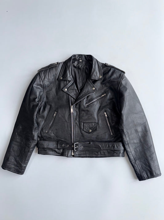 Vintage Black Pure Leather Biker Jacket Belted Moto Style (L/XL)