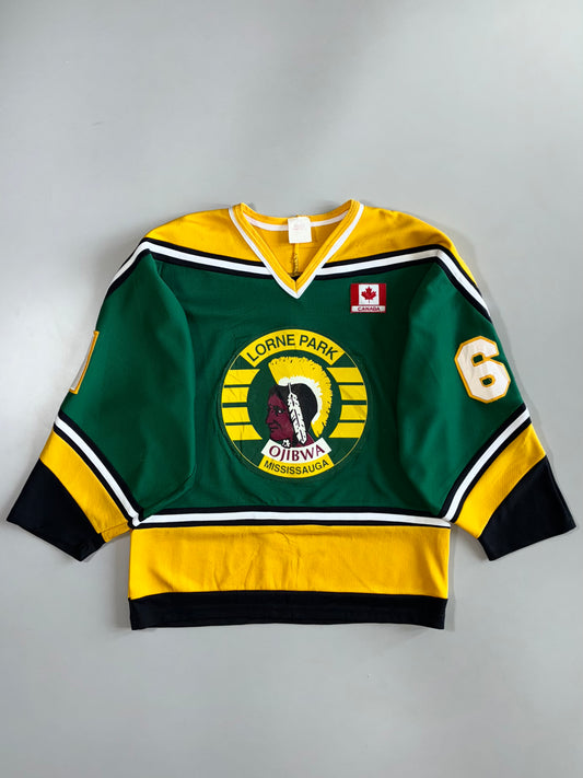 Vintage Lorne Park Ojibwa Mississauga #6 Green Gold Black Canadian Minor Hockey Mesh Jersey (L)