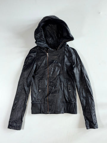 Borsetta Black Genuine Leather Hooded Biker Jacket – Asymmetric Zip Women’s (XS)