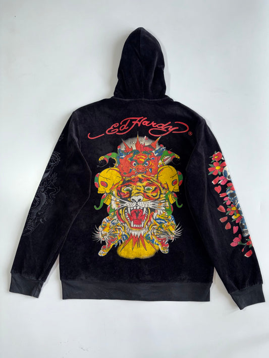 Ed Hardy by Christian Audigier Black Velour Tiger Dragon Skull Rhinestone Embroidered Zip Up Hoodie (M)