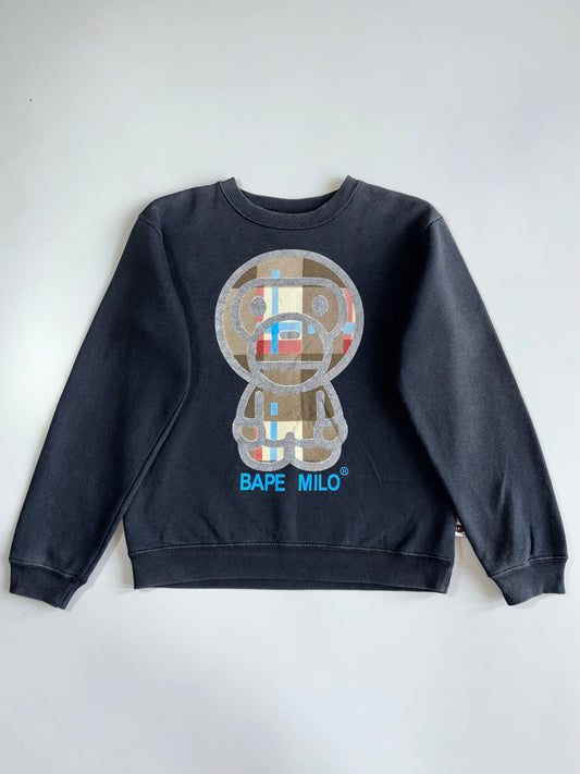 Vintage BAPE Milo Tartan Check Crewneck Sweatshirt — A Bathing Ape Y2K Graphic (M)
