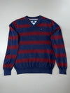 Tommy Hilfiger Navy & Maroon Striped V-Neck Pima Cotton Sweater (XL)