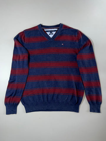 Tommy Hilfiger Navy & Maroon Striped V-Neck Pima Cotton Sweater (XL)