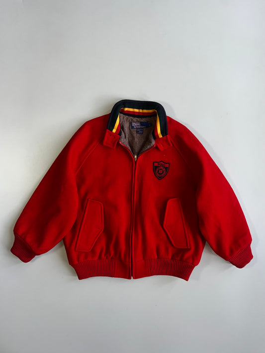 Polo Ralph Lauren 100% Wool Crest Shield Patch Striped Knit Collar Red Bomber Jacket (M)