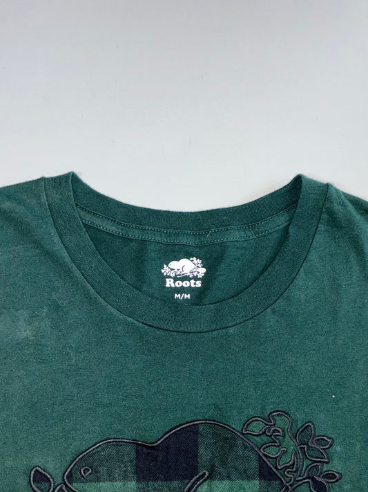 Roots Canada Established 1973 Tonal Plaid Beaver Logo Embroidered Forest Green Cotton Long Sleeve T-Shirt (M/L)