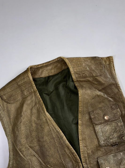 Vintage Olive Green Pure Leather Multi-Pocket Cargo Vest Utility (M/L)