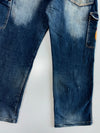 Win-Top Y2K Skull Flame Embroidered Tribal Stitch Cargo Pocket Heavy Whisker Wash Baggy Denim Jeans (W:36 |L:39)
