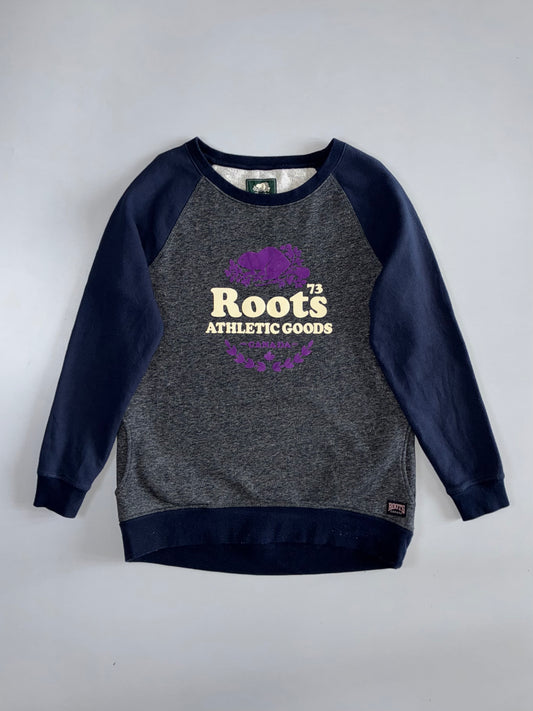 Roots Canada | “Athletic Goods 73” Raglan Crewneck Sweatshirt | Charcoal & Navy (M)