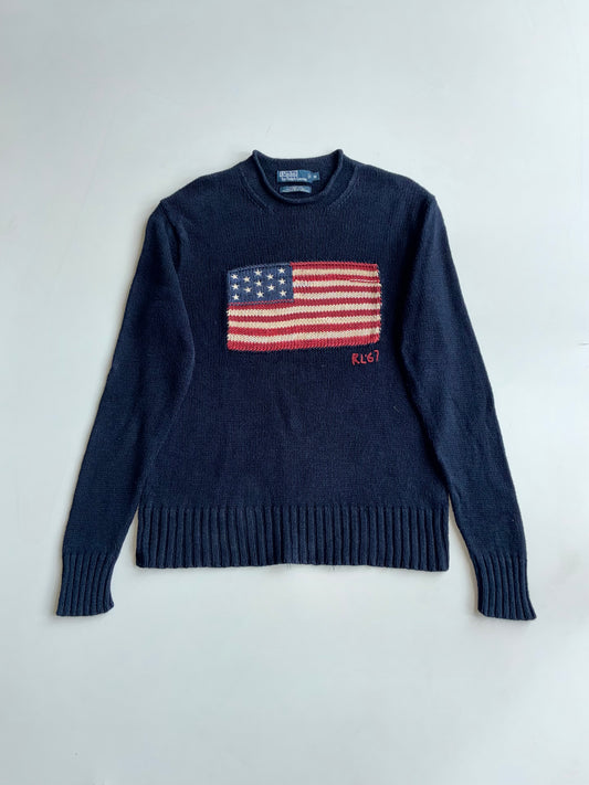 Polo Ralph Lauren Navy Crewneck Sweater with American Flag (M/L)
