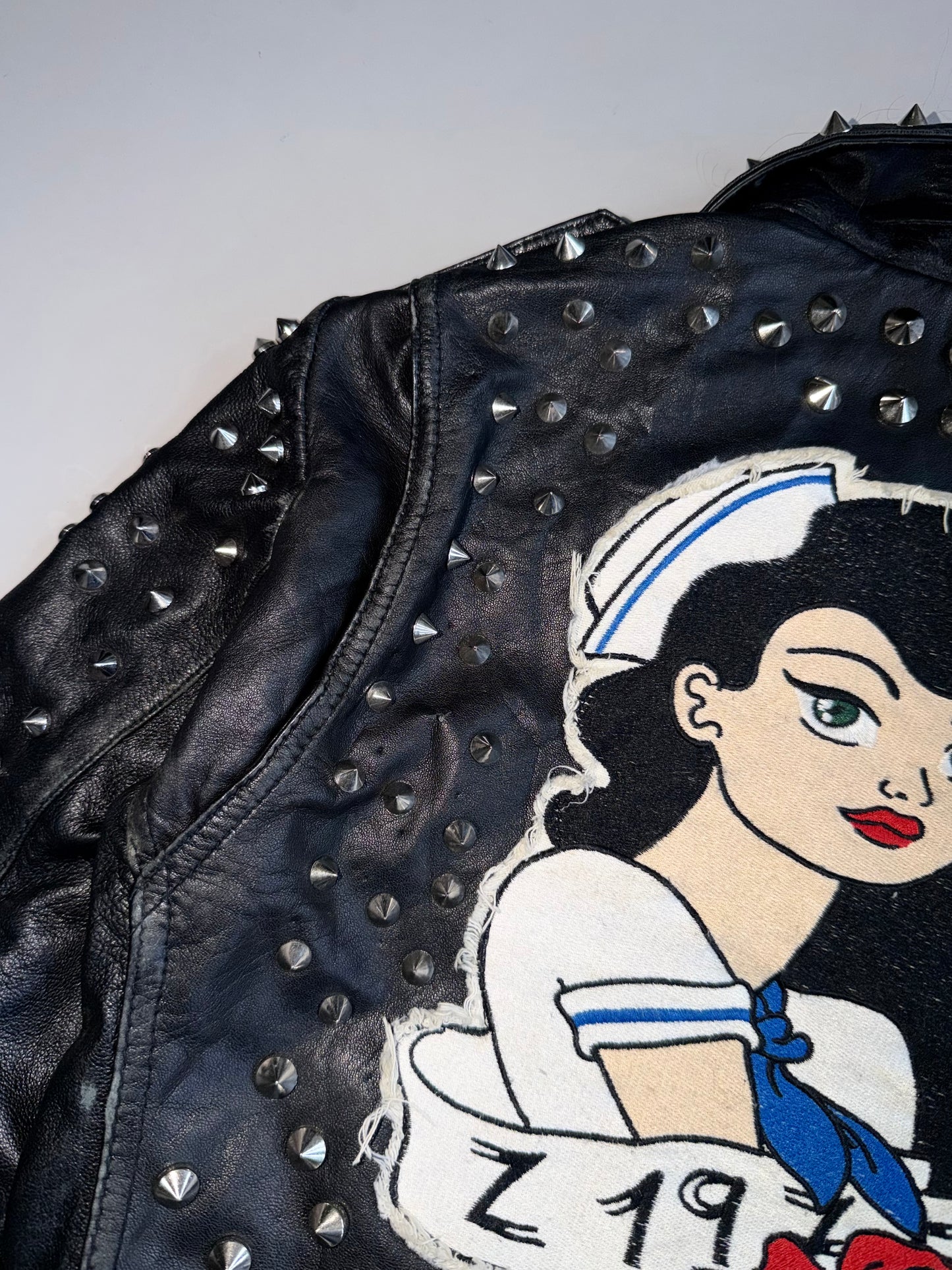ZVintage Zara Studded Leather  Jacket Nautical Sailor Pin-Up Patches (XS)