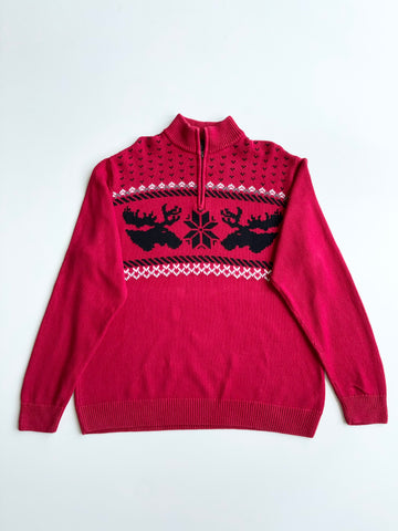 Chaps Red Fair Isle Moose Knit Quarter-Zip Sweater (2XL)