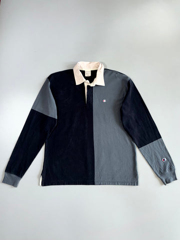 Champion Products Inc. Two-Tone Black Grey Colorblock Cream Collar Embroidered C Logo Rugby Long Sleeve T-Shirt (L)