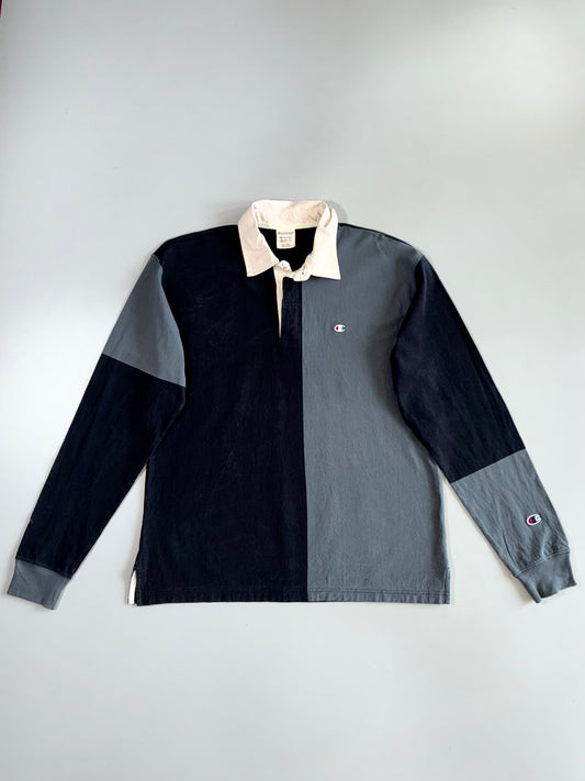 Champion Products Inc. Two-Tone Black Grey Colorblock Cream Collar Embroidered C Logo Rugby Long Sleeve T-Shirt (L)