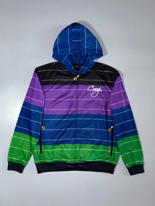 Coogi Striped Colorblock Hooded Track Jacket – Purple/Blue/Green Zip-Up, (2XL)