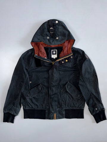 G-Star Raw Original Denim Hardware-Detail W/ Utility Pockets Hooded Bomber Jacket Washed Black (RARE) (L/XL)