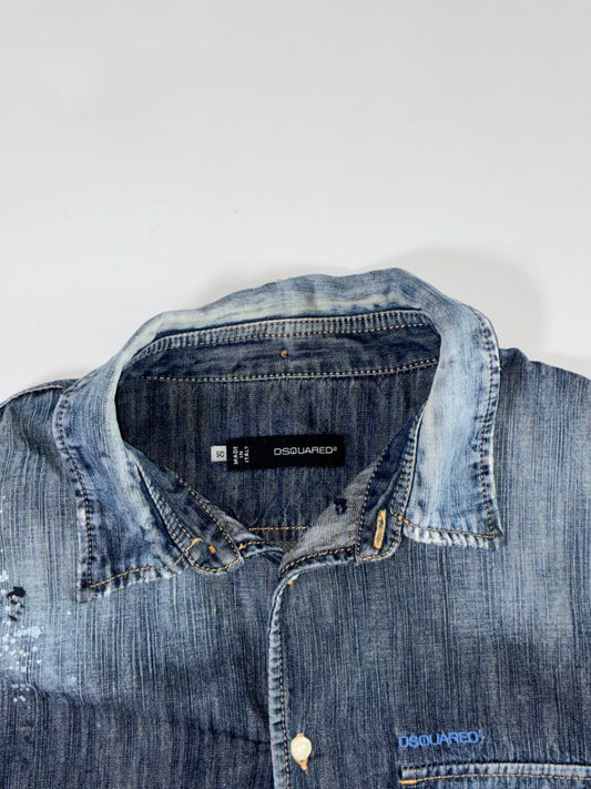 Dsquared2 Distressed Paint Splatter Denim Shirt – Made in Italy (50)(S)