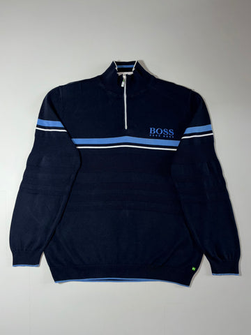 Hugo Boss Navy Quarter Zip Sweater with Blue Stripes (XL)