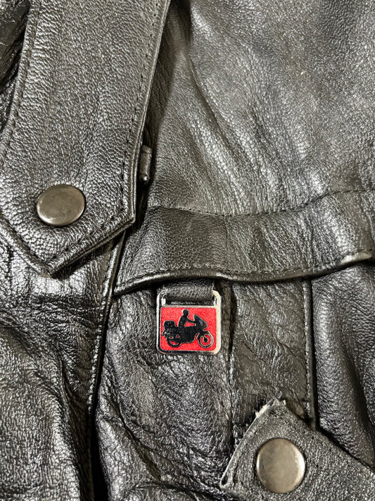 Vintage Black Moto Utility Leather Jacket with Harness Straps (S)