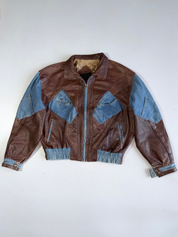 ZRare Italian Pure Leather x Denim Hybrid Jacket – Vintage 90s Statement (XL)