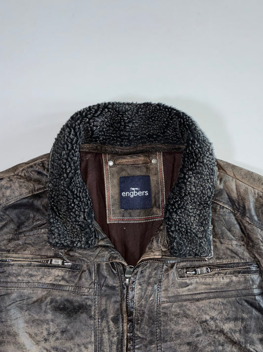 Engbers Distressed Brown Leather Jacket with Shearling Collar Jacket (L)