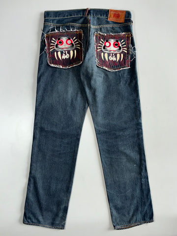 RMC Red Monkey Daruma Embroidered Jeans (W:38 |L:45)