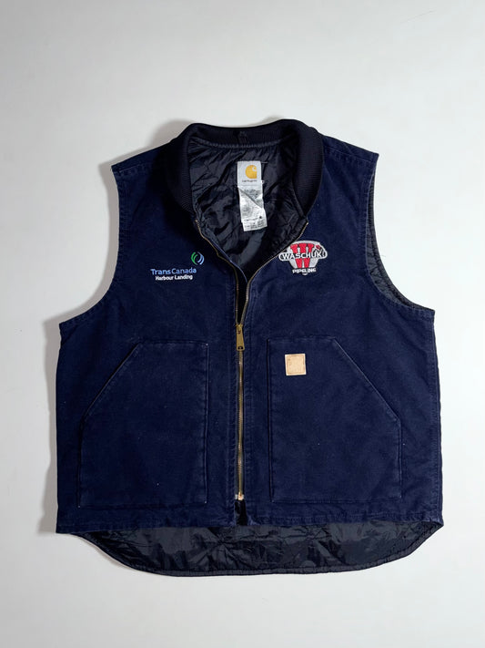 Carhartt | Navy Duck Canvas Quilted Vest Pipeline Workwear Embroidered (L/XL)
