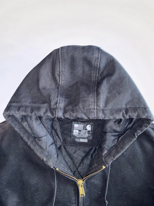 Carhartt Active Jacket DJO140-M | Black Washed Duck Canvas Quilted Lined Rare Hooded Work Coat (2XL)