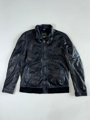 Globe Trotter Vintage Distressed Black Leather Aviator Moto Jacket (L)
