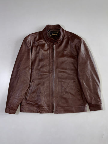 Shine Fur Brown Leather Zip-Up Jacket Classic Stand-Collar Leather Jacket (L)